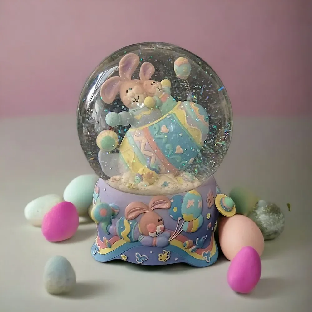 Easter Snow Globe Music Box Musical Bunny VIDEO Pastel Balloons Eggs Vintage 90s